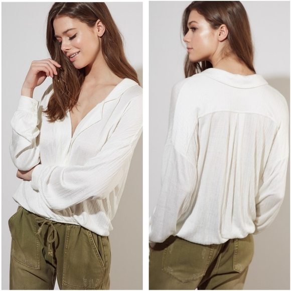 Rayon Surplice Flat Collar Long Sleeve Blouse - Picture 2 of 5